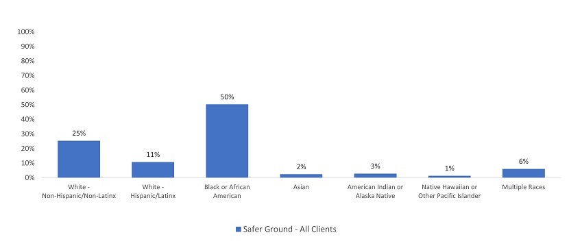 Safer Ground Demographics - White Non-Hispanic/Non-Latinx = 25%, White Hispanic/Latinx = 11%, Black or African American = 50%, Asian = 2%, American Indian pr Alaska Native = 3%, Native Hawaiin or Other Pacific Islander = 1%, Multiple Races = 6%