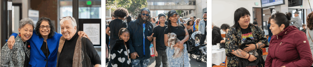 A group of three photos. The first photo is a photo of three older women smiling and the woman in the middle has her arm around the other women's neck. The second photo is a African American/Black family at the Black Joy festival. The last photo is a photo of two Latinx young women at a community event. 